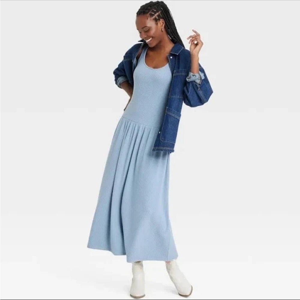 NWT Universal Thread Women's Drop Waist Knit Midi Slip Dress Blue Size L
